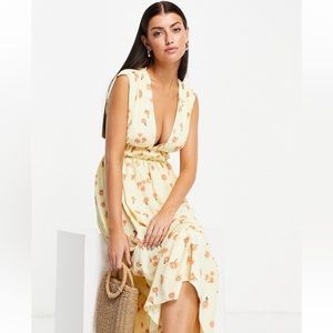 ASOS Yellow Midi Floral Deep V neck Dress
